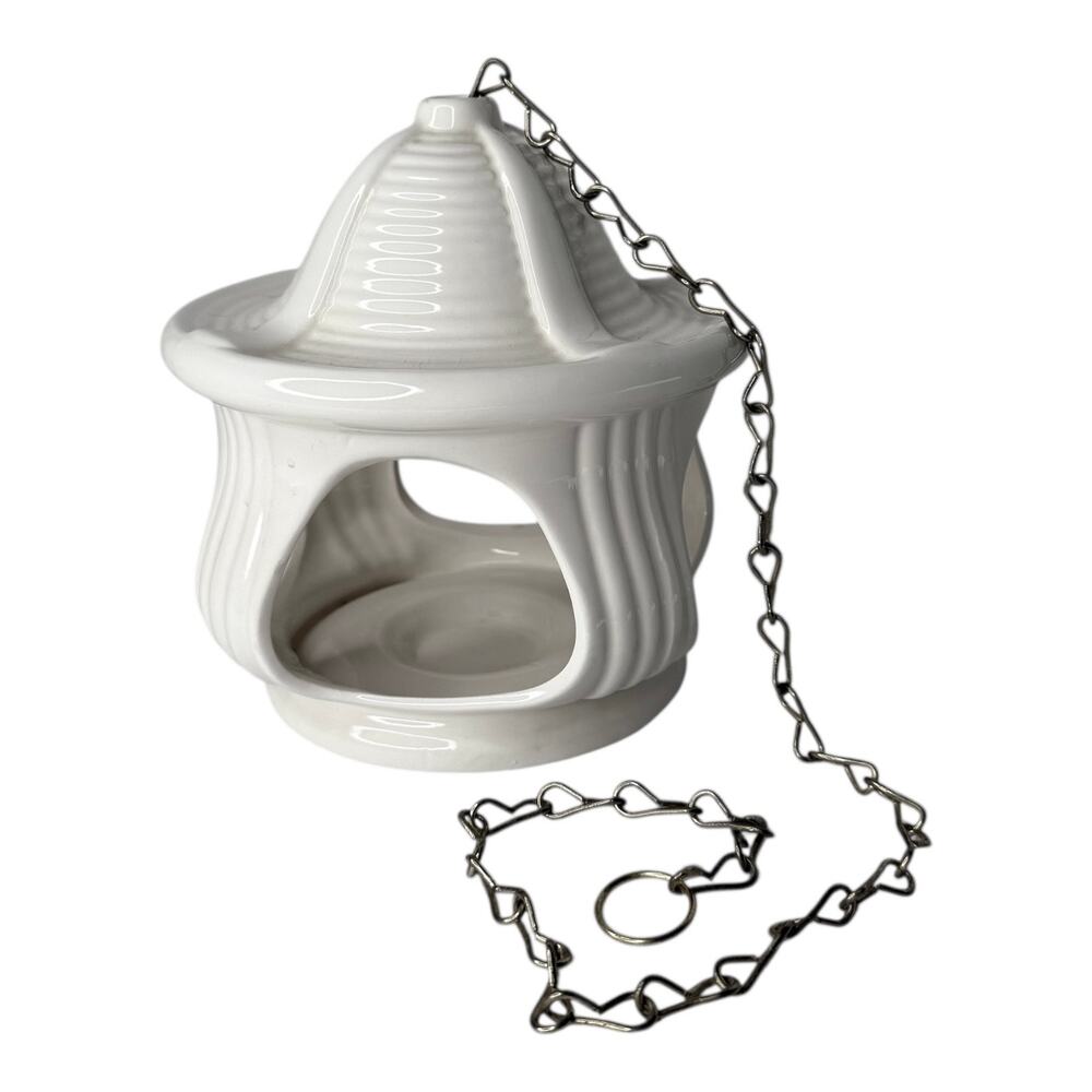 PartyLite Pagoda HANGING CANDLE HOLDER White Ceramic Silver Lantern 24” Chain